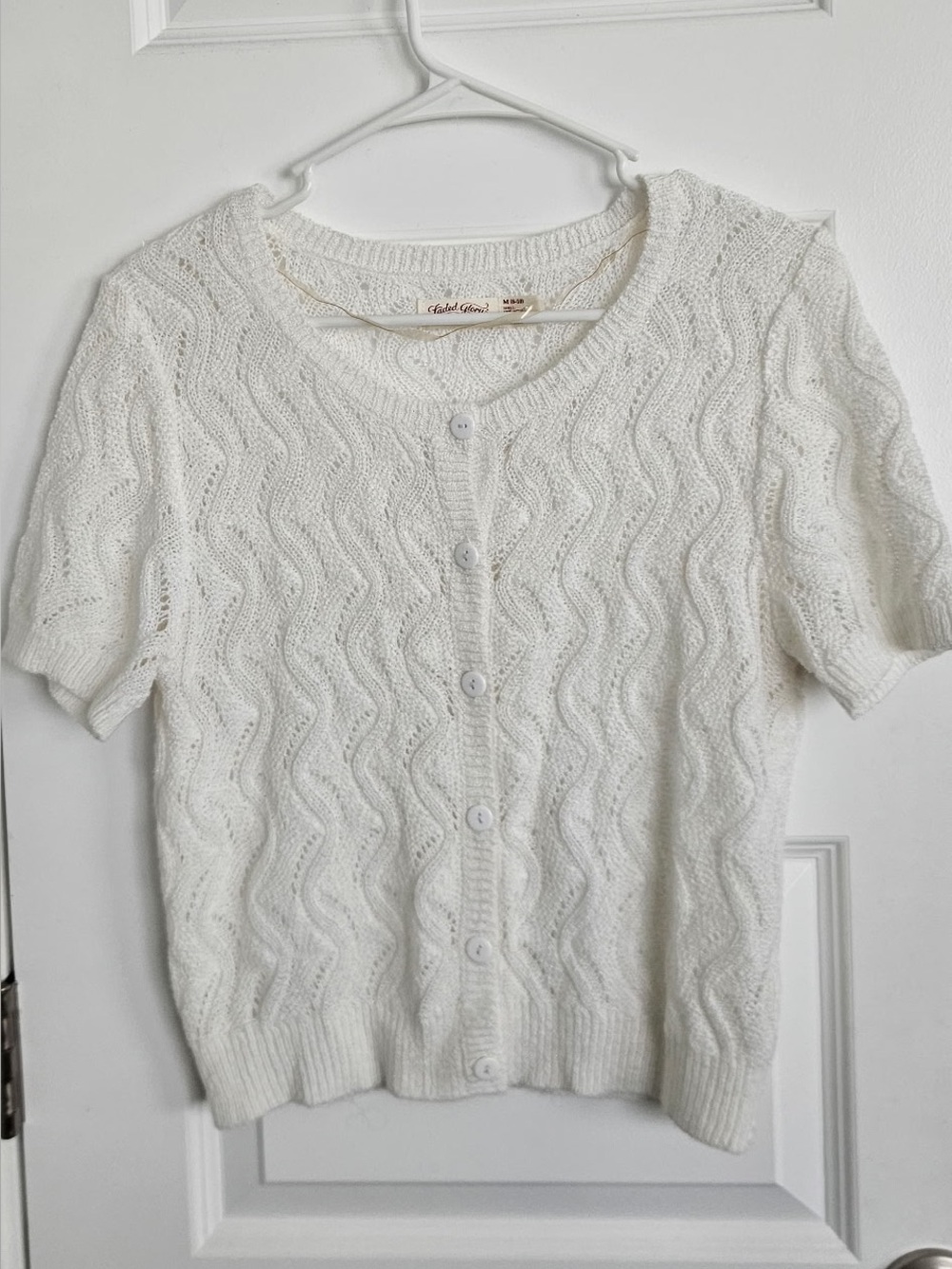 Faded Glory White Short-Sleeve Cable Knit Cardigan Medium Size